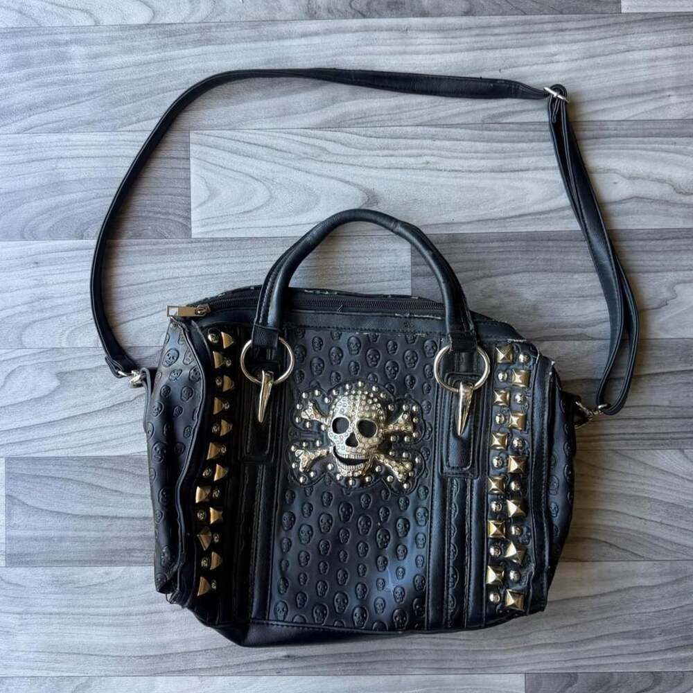 Y2K Black Embossed Skull Studded Shoulder Bag